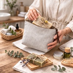 Natural hemp cosmetic bag with metal zipper closure