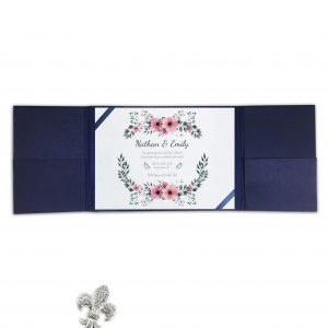Navy blue gatefold invitation with elegant silk