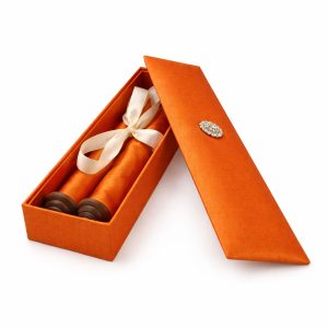 Orange silk box with scroll for wedding invitations