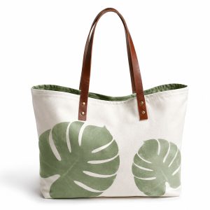 Palm Leaf Printed Beach Bag With Leather Handle