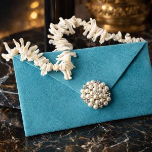 Pearl brooch embellished suede clutch pouch