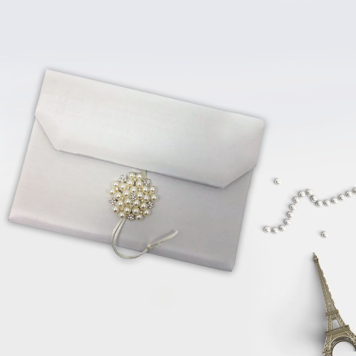 SILVER SILK ENVELOPE WITH PEARL BUTTON CLOSURE FOR INVITATION CARDS +  JEWELLERY PACKAGING