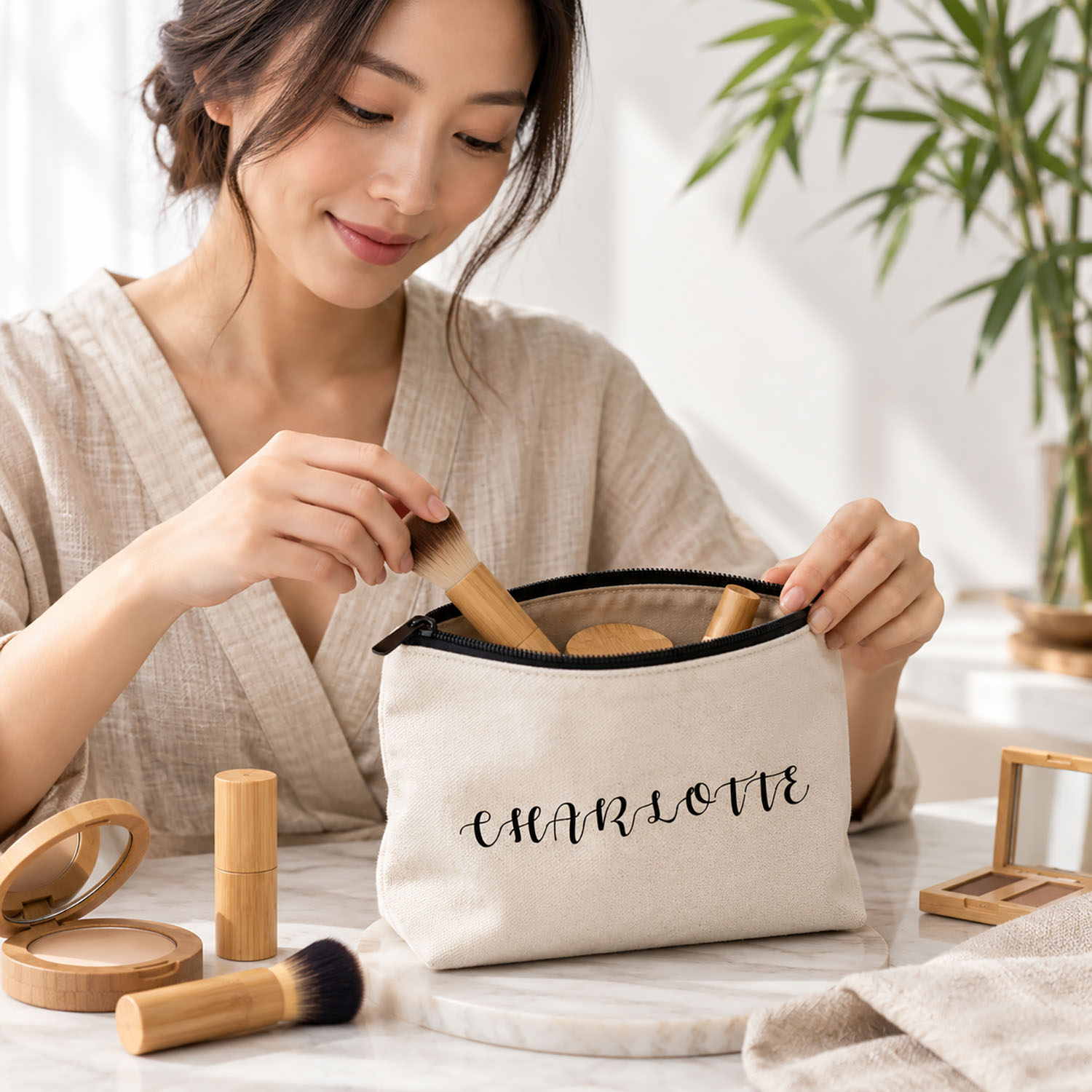 personalized canvas cosmetic bag in use