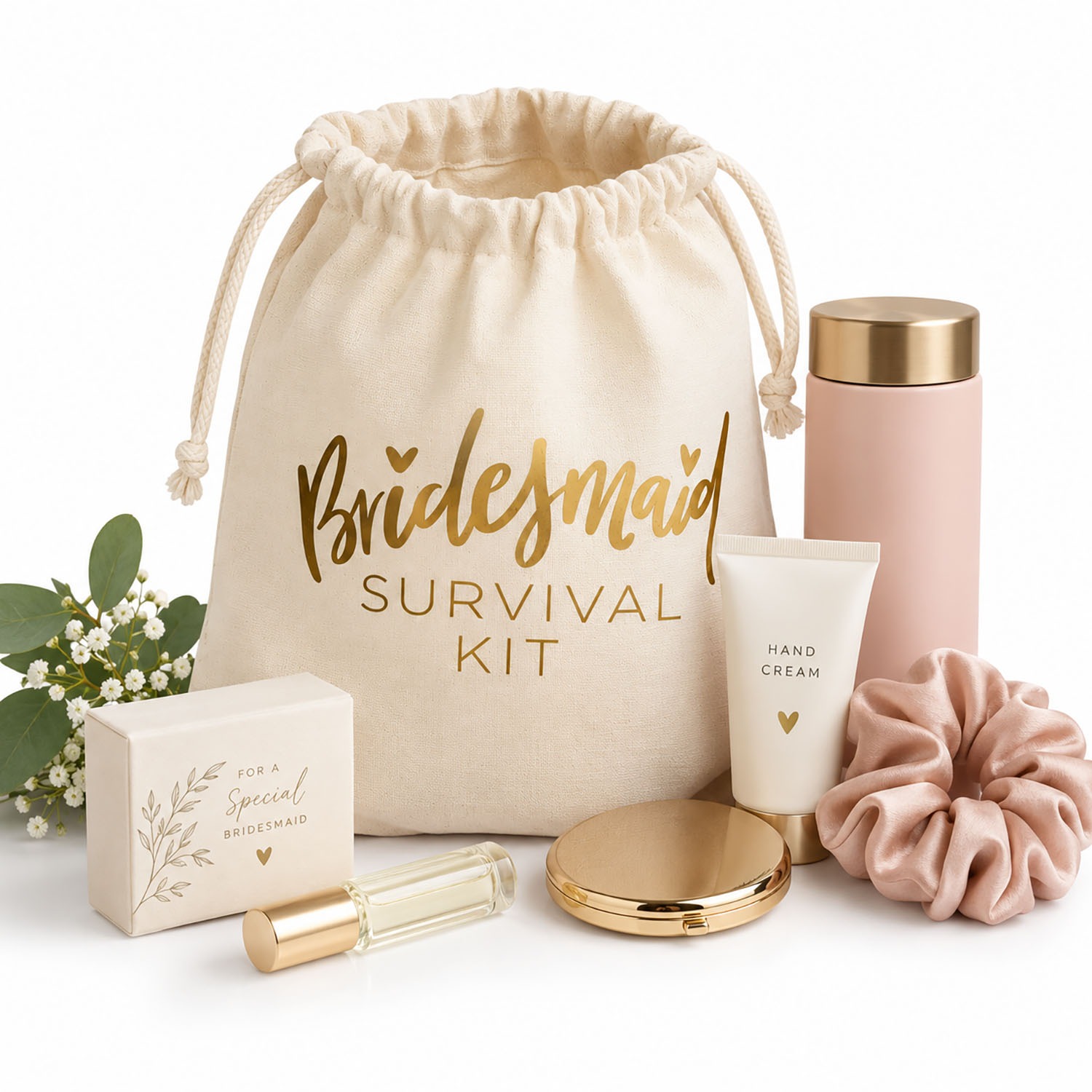 Open cotton bridesmaid survival kit gift bag with metallic gold print, cosmetics, hand cream, perfume and bridal party accessories.
