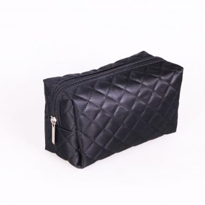 Black quilted satin cosmetic bag