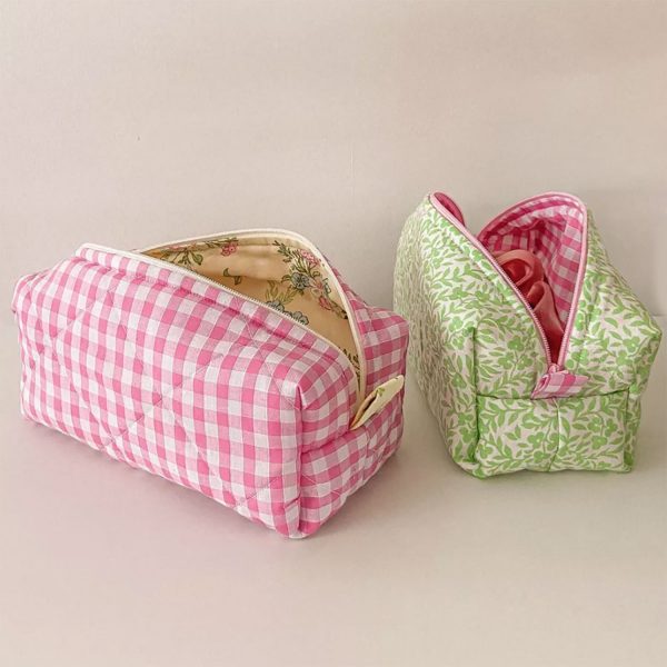 Quilted cotton textile cosmetic bag