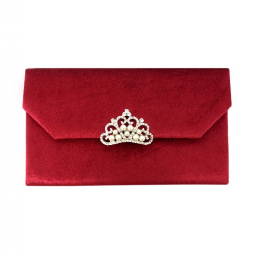 red velvet envelope with pearl brooch