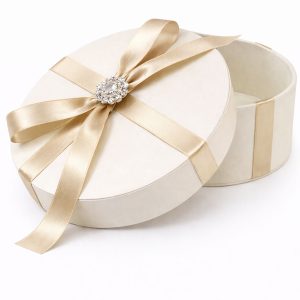 Ivory silk gift box, round shape with crystal button embellishment