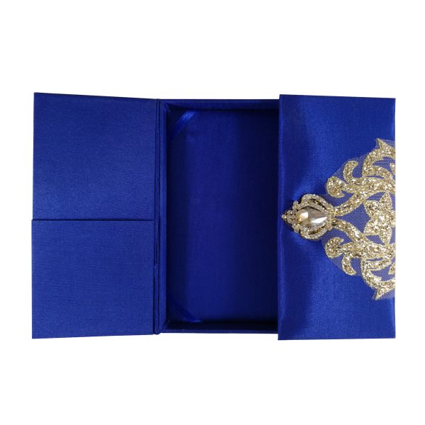 luxury boxed wedding invitation, royal blue silk with glitter lace and brooches