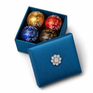 Royal blue silk box with crystal button brooch for lindor chocolate balls