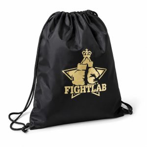 screen printed water resistant black drawstring backpack