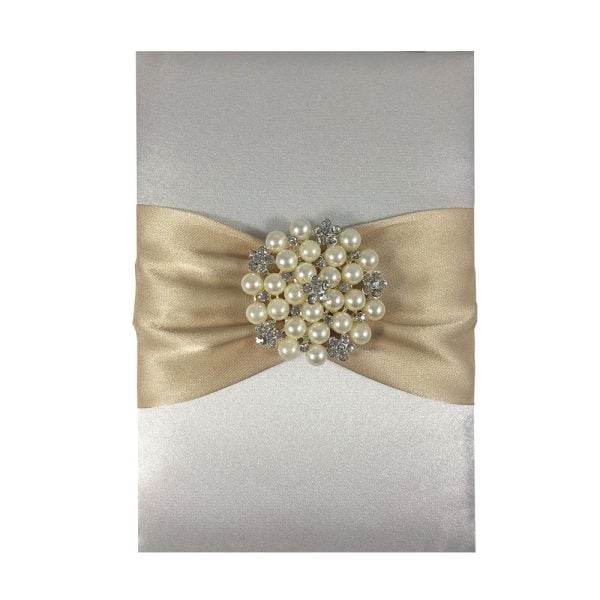 off-white and champagne pearl brooch silk card insert holder