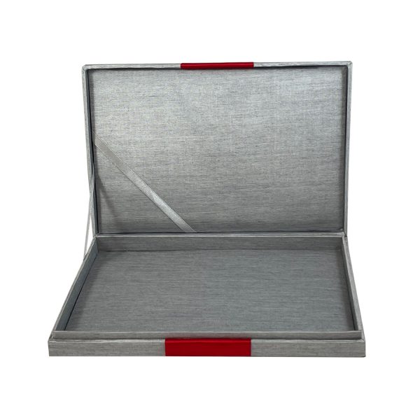 Silk fabric box in silver with red stripe
