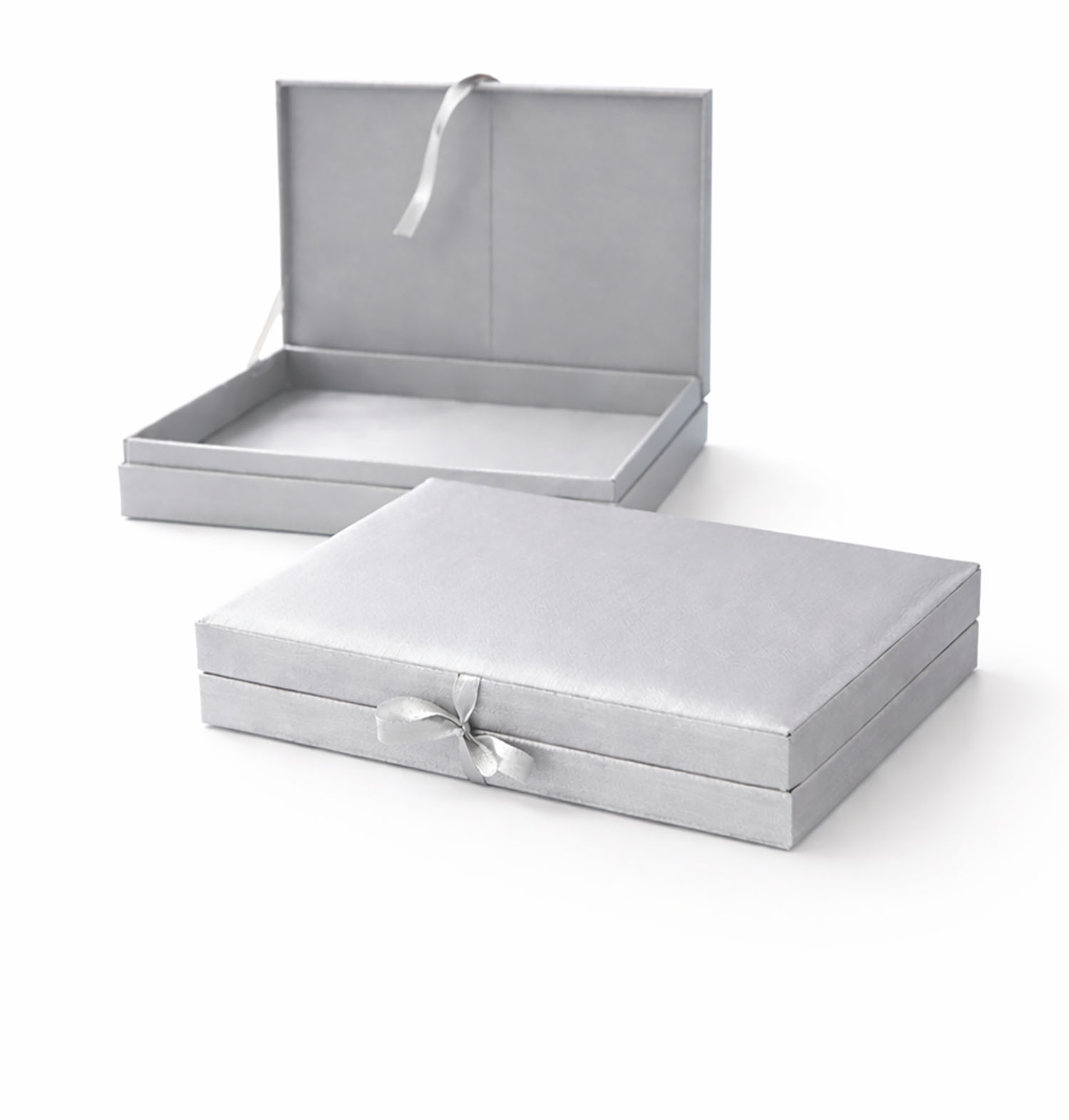 Silver hinged lid silk box for invitation cards, handcrafted in Chiang Mai, Thailand