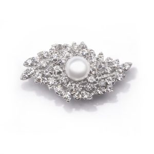 Pearl Rhinestone Leaf Brooch
