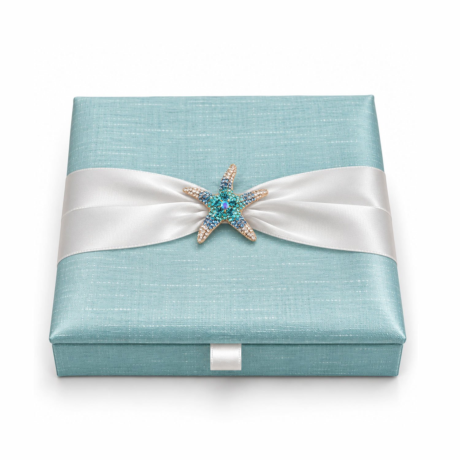 Aqua blue silk beach wedding invitation box with starfish brooch