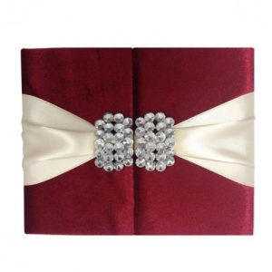 Embellished red velvet gatefold wedding invitation folio