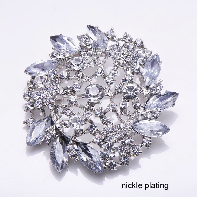 2" LARGE SILVER PLATED DIAMANTE RHINESTONE CRYSTAL FLOWER PIN BROOCH FREE GIFT