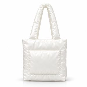 White puffer silk tote bag with padded shoulder handles, handmade in Thailand.