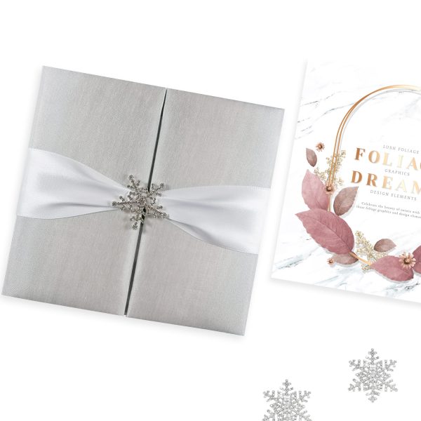 Snow flake brooch winter wedding invitation folio