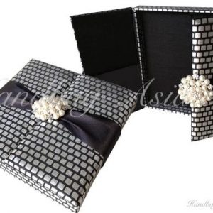 Black and silver pearl silk wedding invitation box