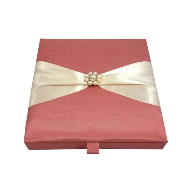 Dusty pink silk covered boxed wedding invitation