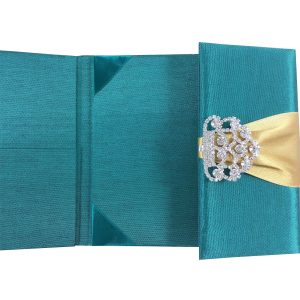 Gatefold invitation with silk and rhinestone clasp