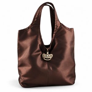 Brown Thai silk hobo bag with crystal crown brooch and padded shoulder handles.