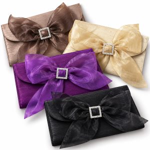 Luxury Thai silk evening clutch bags with organza bows and rhinestone buckles