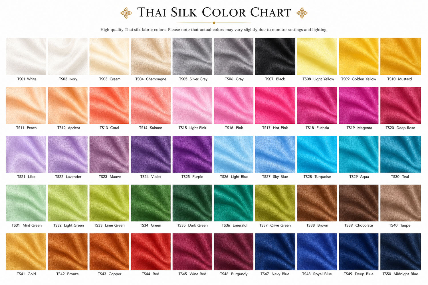 Thai silk fabric color chart