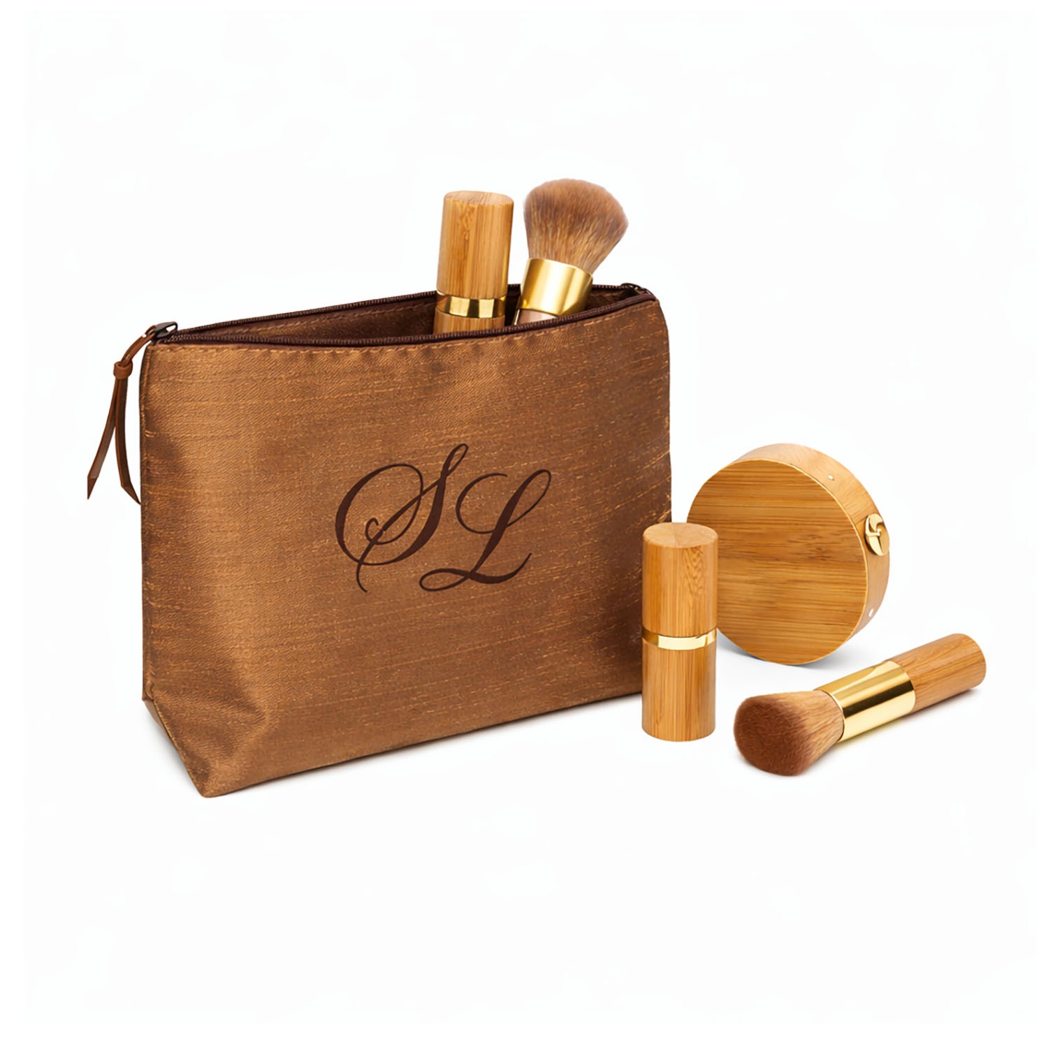 Brown Silk Cosmetic Bags with Custom Embroidery
