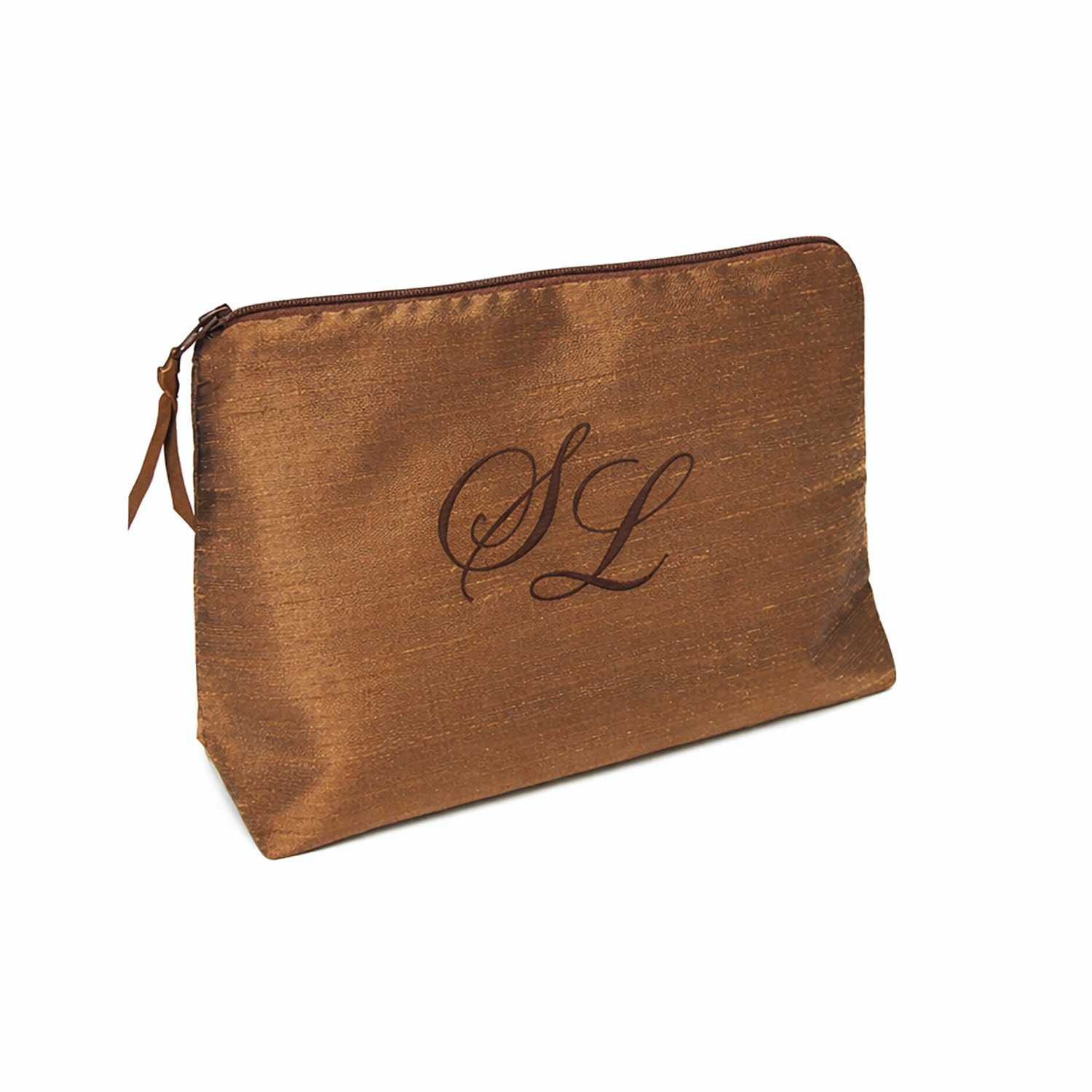Brown silk cosmetic bag with monogram embroidery