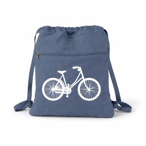 Grey canvas drawstring backpack with white custom printed graphic