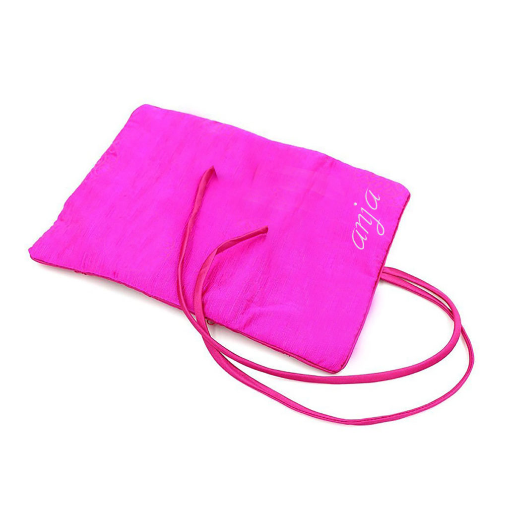 Embroidered Silk Jewellery Roll In Fuchsia Pink From Thailand