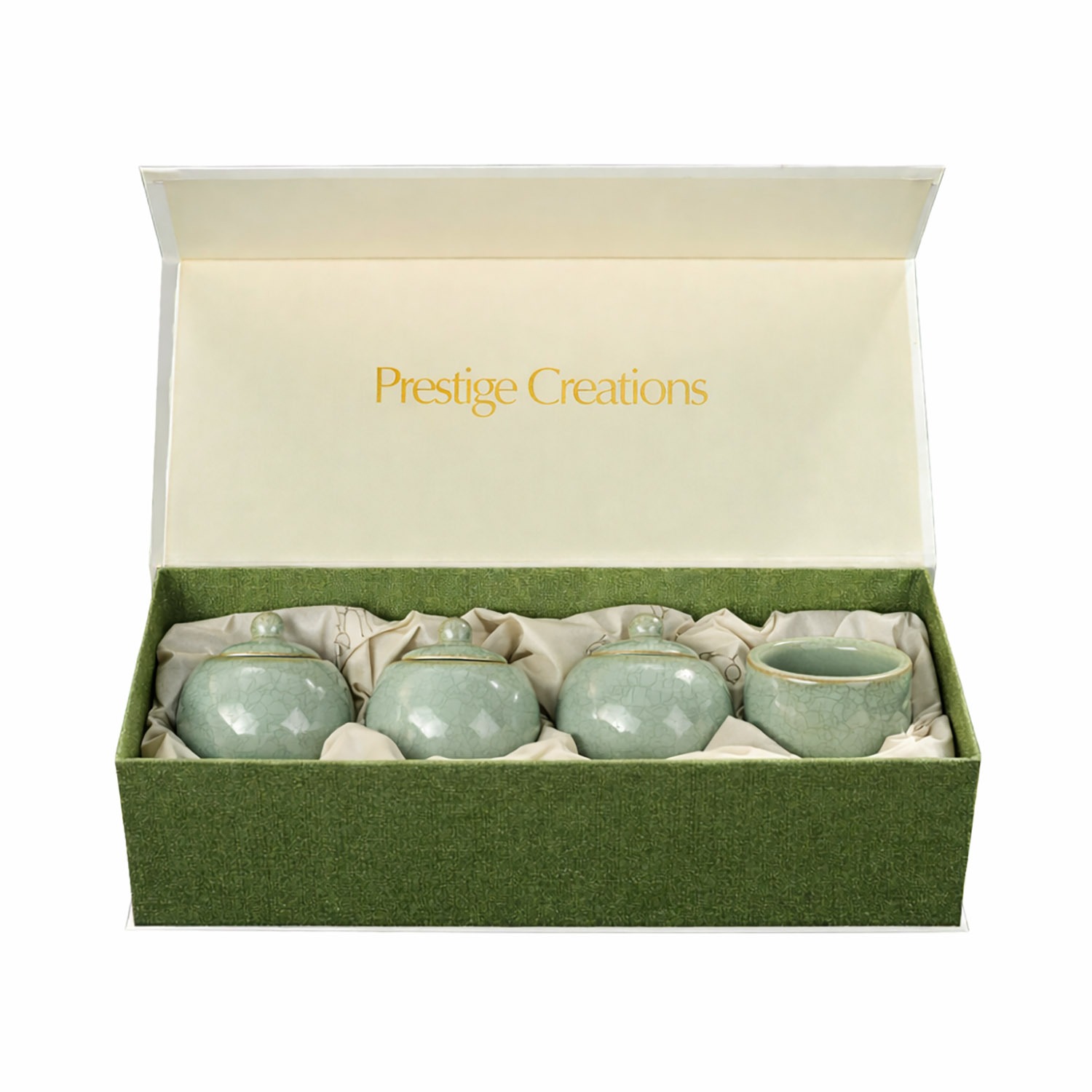 Magnetic Closure Silk Gift Box in Cream & Green for Ceramic Ware