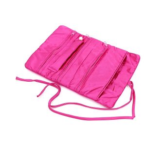 pink silk jewelry roll with ring holder and zippered pocket