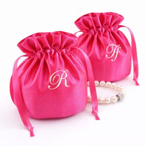 Personalized Pink Silk Pouch with Embroidery