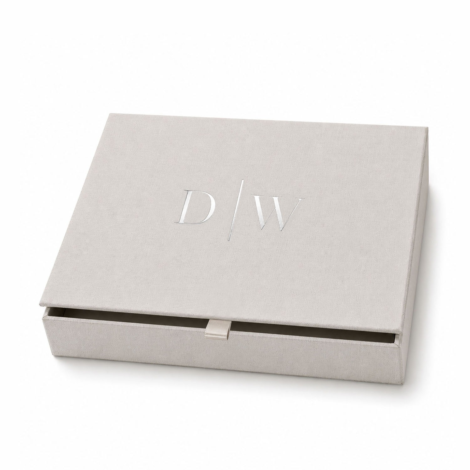 Custom Linen Wedding Invitation Box with Silver Foil Monogram