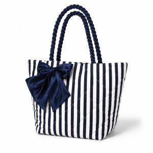 striped navy and white quilted cotton handbag