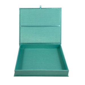 tiffany blue boxed wedding invitation covered with silk fabric