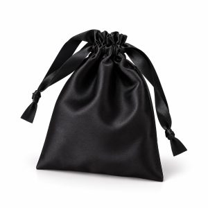 Black satin drawstring bag for custom jewelry and gift packaging