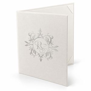 Custom white wedding invitation folio with silver foil stamping