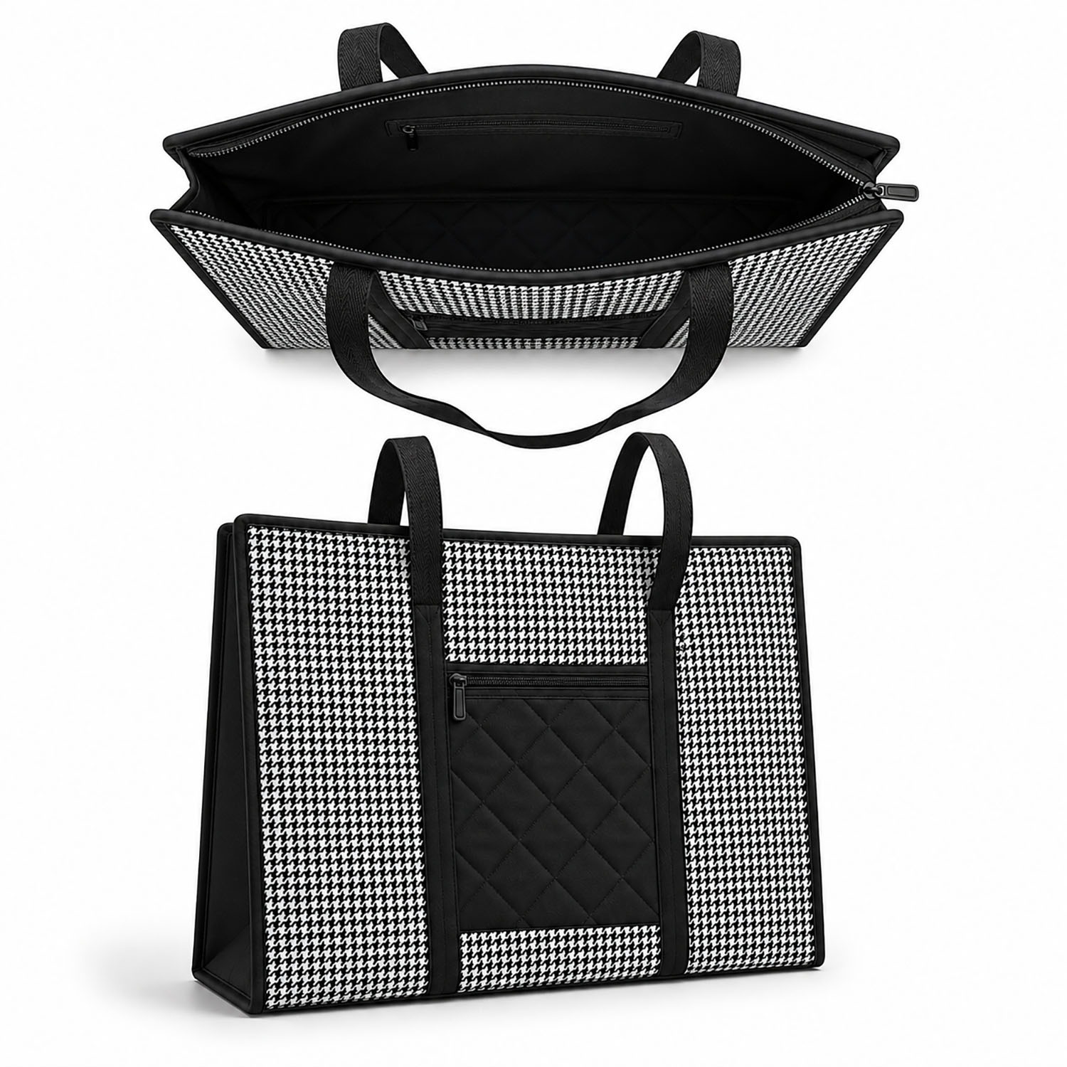 black and white quilted large cotton tote bag
