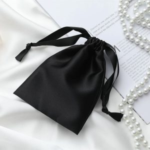 Black satin drawstring bag