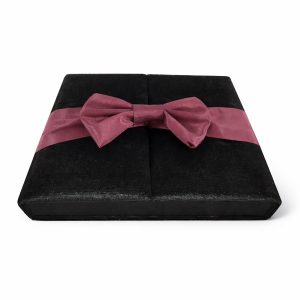 Black velvet wedding invitation box with silk bow