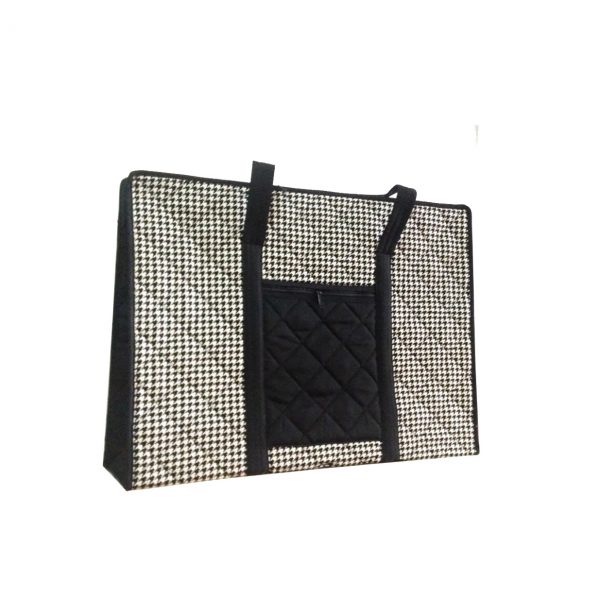black and white quilted cotton handbag
