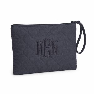 quilted dark grey monogram embroidery cotton cosmetic bag