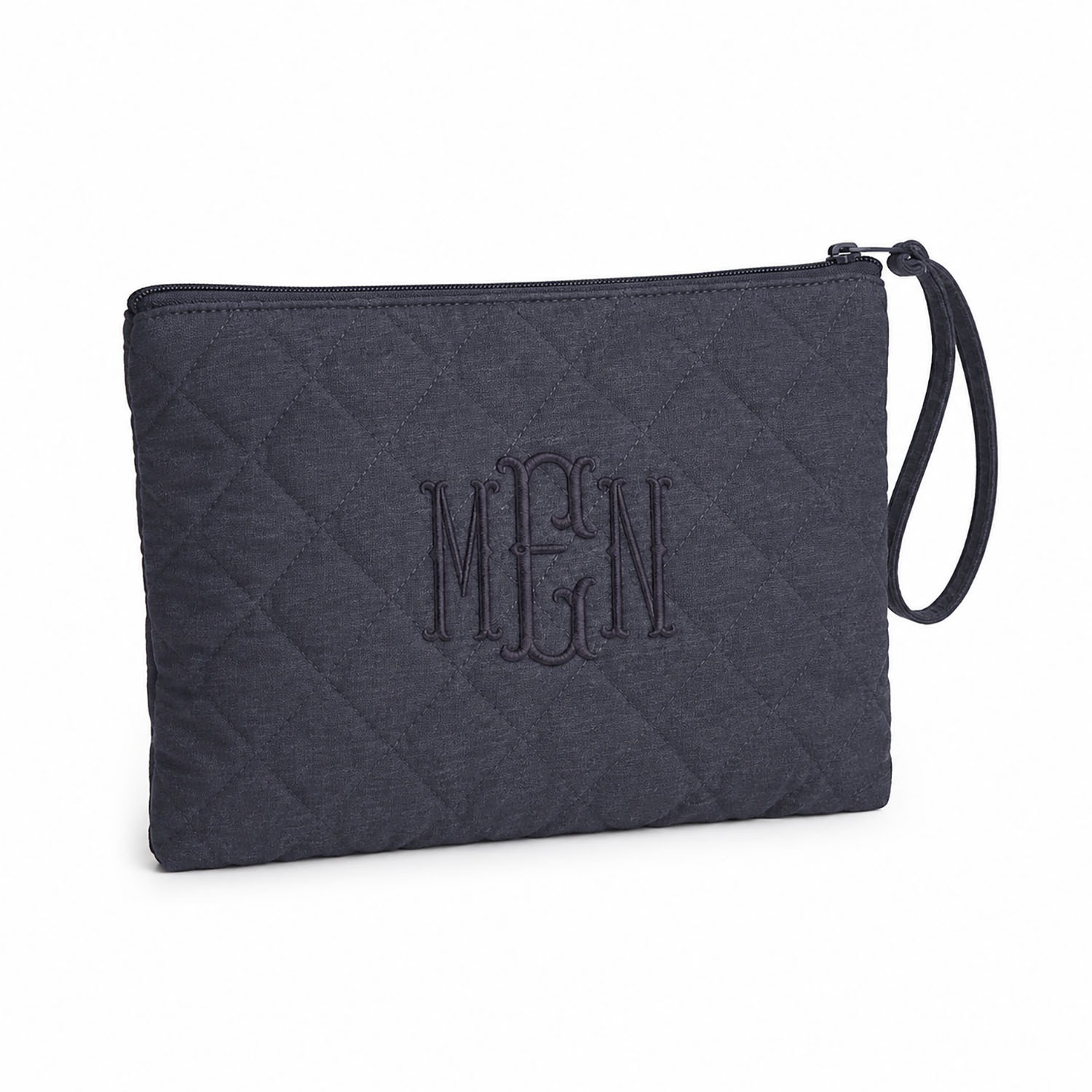 quilted dark grey monogram embroidery cotton cosmetic bag