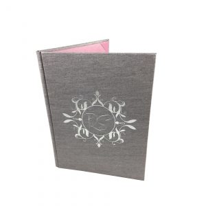 silver foil stamped monogram silk invitation folder