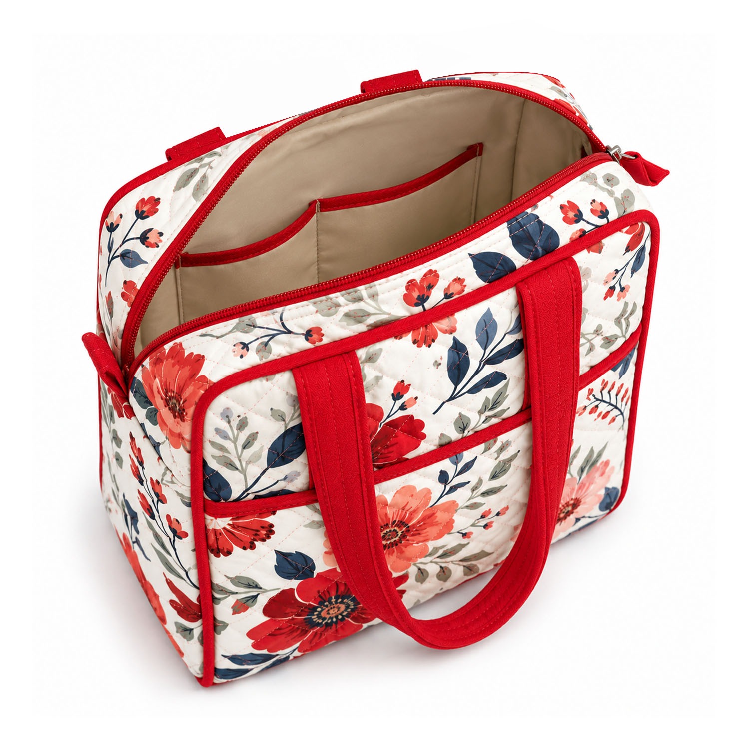 top view with zipper quilted tote handbag
